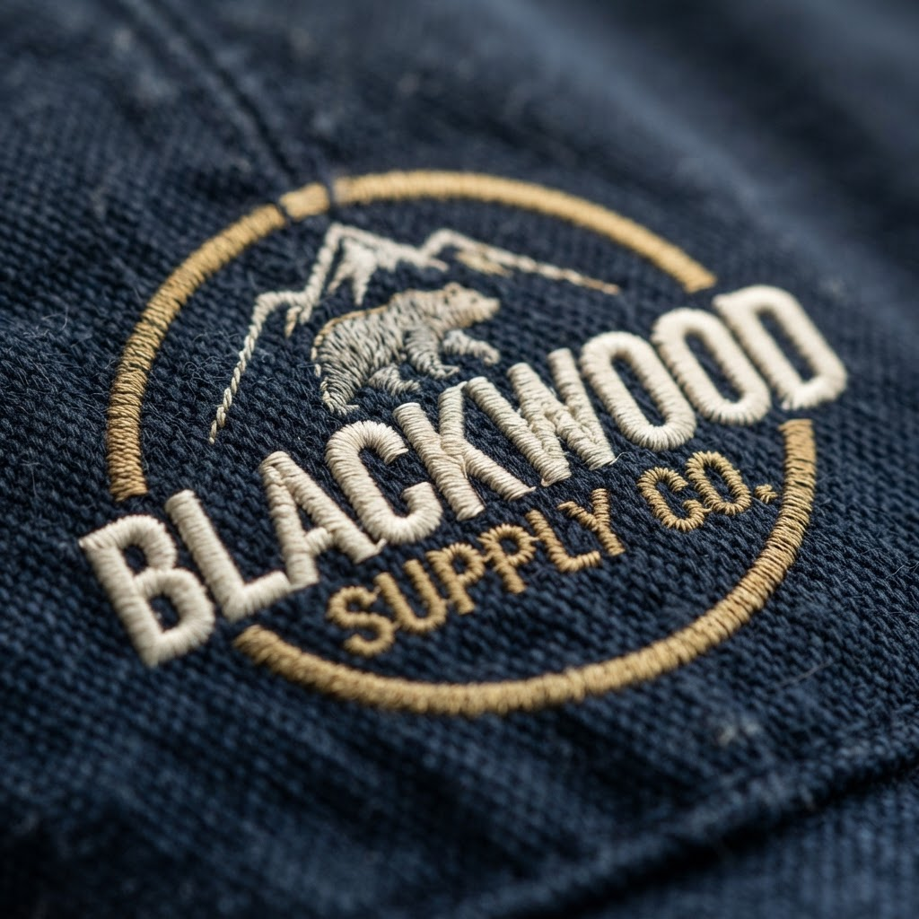 Close-up of embroidered logo stitching on navy fabric
